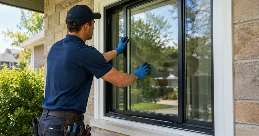technician measuring a broken window pane for replacement in River Drive Park, East Gwillimbury