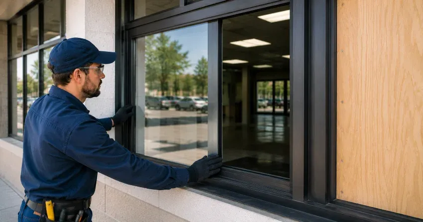 technician boarding a broken window after a break-in in River Drive Park, East Gwillimbury