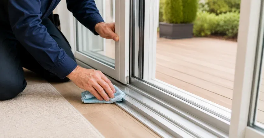 technician inspecting a sliding patio door track in River Drive Park, East Gwillimbury