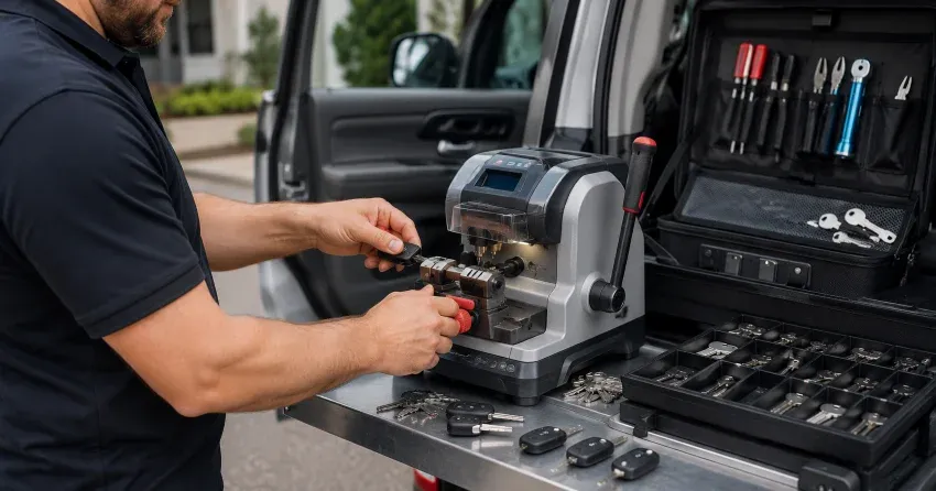 technician cutting a replacement car door lock key in Ravenshoe, East Gwillimbury