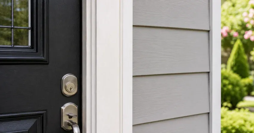 technician inspecting door jamb behind cracked casing in Holt, East Gwillimbury home