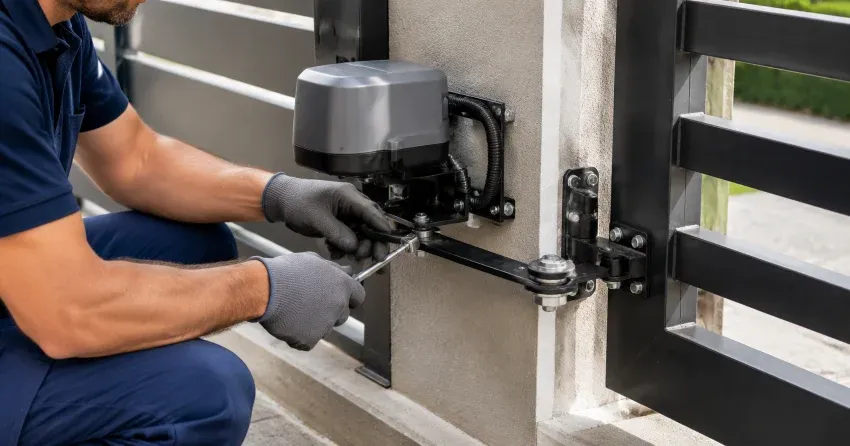 technician diagnosing automatic gate motor and control panel in Holt, East Gwillimbury