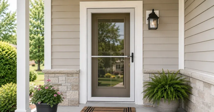 technician hanging storm door square and plumb in Holt, East Gwillimbury