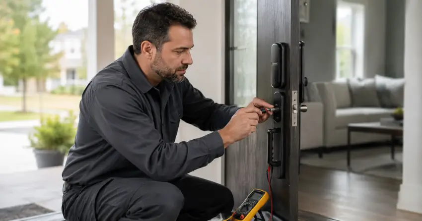 technician diagnosing automatic door lock mechanism on residential door in Holland Landing, East Gwillimbury