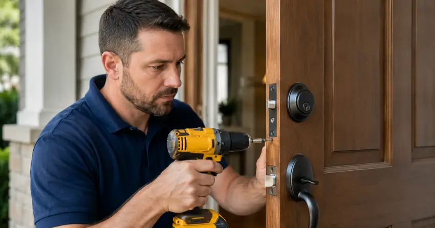 technician installing a new deadbolt during Change Door Lock Holt, East Gwillimbury service