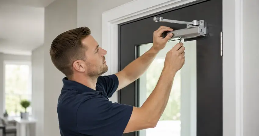 technician adjusting door closer hydraulic valve in Holt, East Gwillimbury home