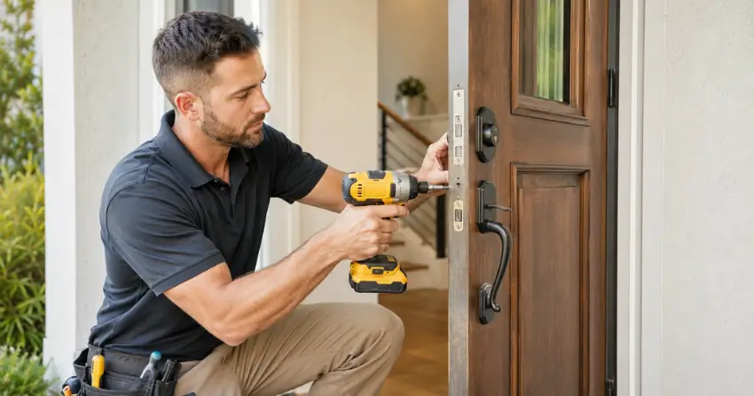 locksmith installing new deadbolt lock on front door in East Gwillimbury