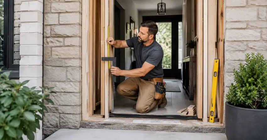 exterior door installer assessing rough opening in Brown Hill, East Gwillimbury