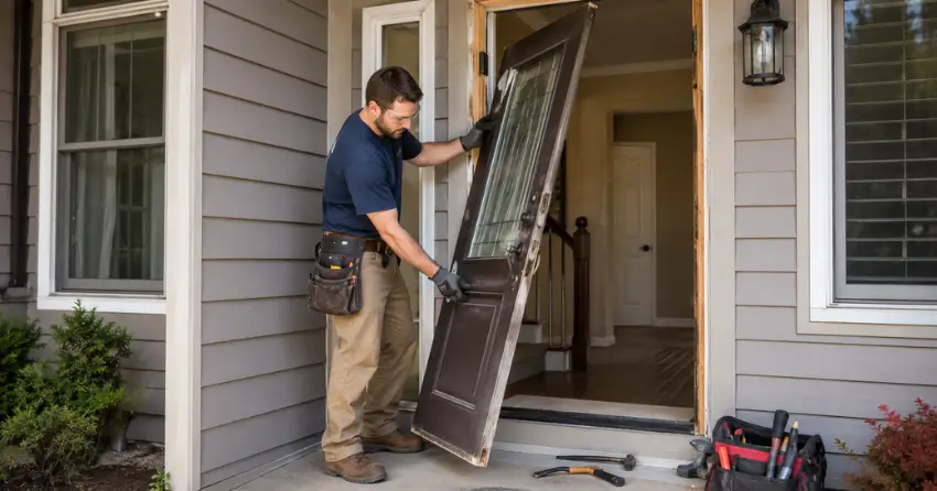 old exterior door being removed for replacement in Holt, East Gwillimbury