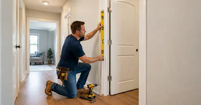 technician installing a pre-hung interior door in a home hallway Queensville, East Gwillimbury