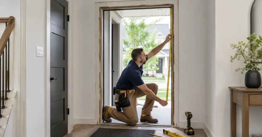 technician measuring a door frame before new door installation in East Gwillimbury