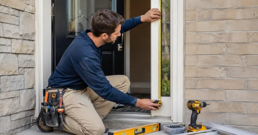 technician measuring door frame before storm door install in Holt, East Gwillimbury