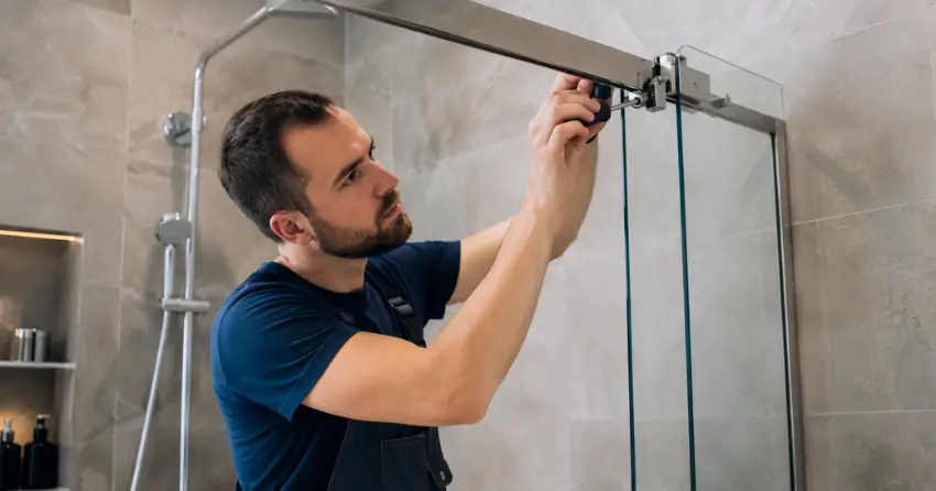 technician adjusting shower door hinge and track in Ravenshoe, East Gwillimbury
