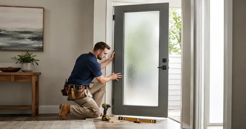 glass panel door installation with frosted privacy glass in residential setting in Holland Landing, East Gwillimbury