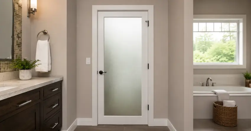 frosted glass panel bathroom door installed in a River Drive Park, East Gwillimbury home