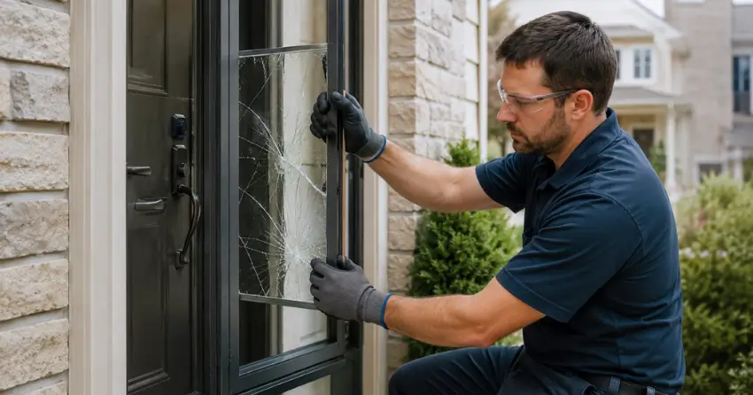 technician removing cracked storm door glass panel in Brown Hill, East Gwillimbury