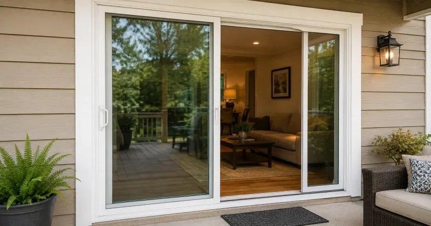 Patio Door Installation technician setting a new frame in Ravenshoe, East Gwillimbury