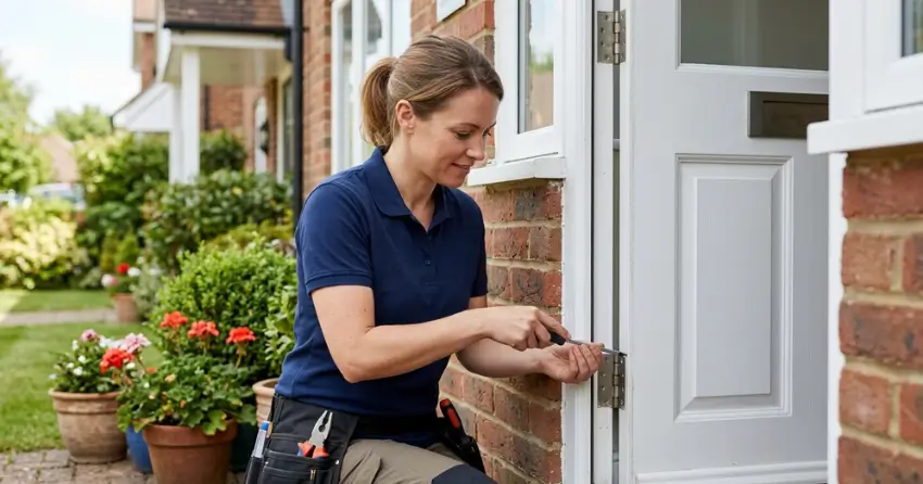 technician repairing exterior door hinge and frame in Holland Landing, East Gwillimbury