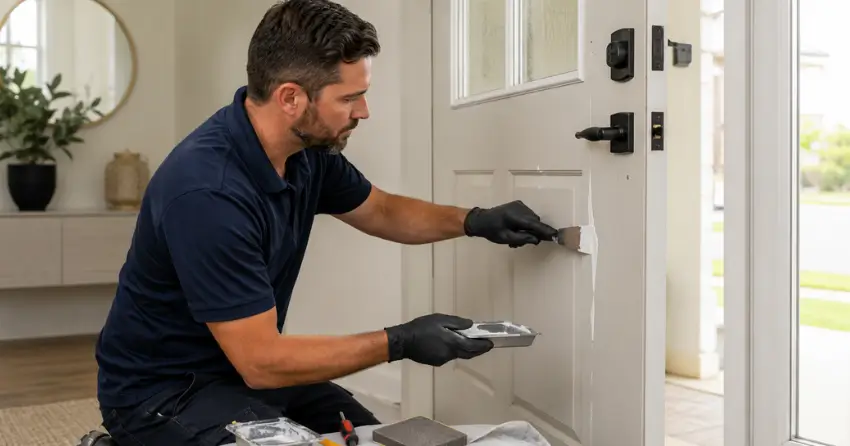 technician repairing fiberglass door surface crack in Holland Landing, East Gwillimbury