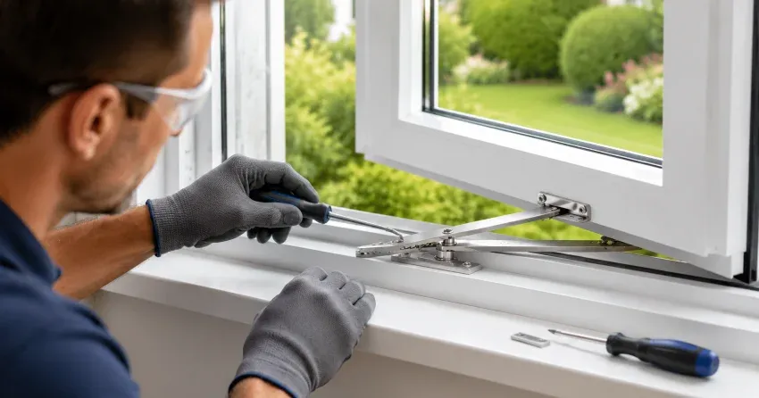 automatic door technician inspecting sensor and control panel in Holt, East Gwillimbury