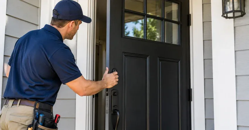 technician adjusting door hinge and strike plate in Brown Hill, East Gwillimbury home
