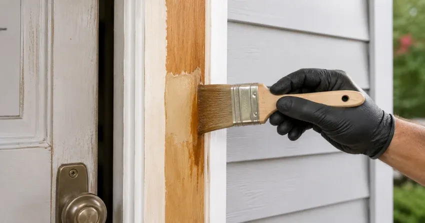 technician probing rotted wood on a door frame in Holt, East Gwillimbury