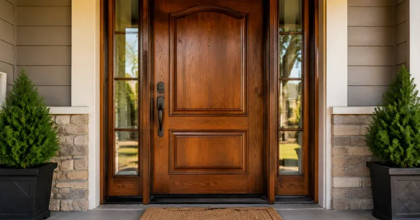 wood door mid-restoration showing stripped bare wood in Brown Hill, East Gwillimbury