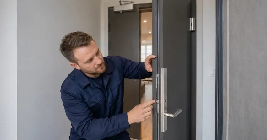 technician inspecting fire-rated door seal and hardware in Queensville, East Gwillimbury
