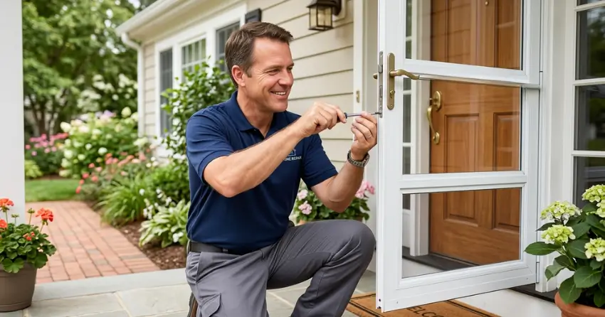 technician adjusting storm door hinge and closer in River Drive Park, East Gwillimbury